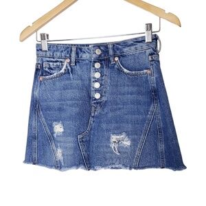 We The Free Distressed A-Line Button Fly Denim Mini Skirt Sz 24